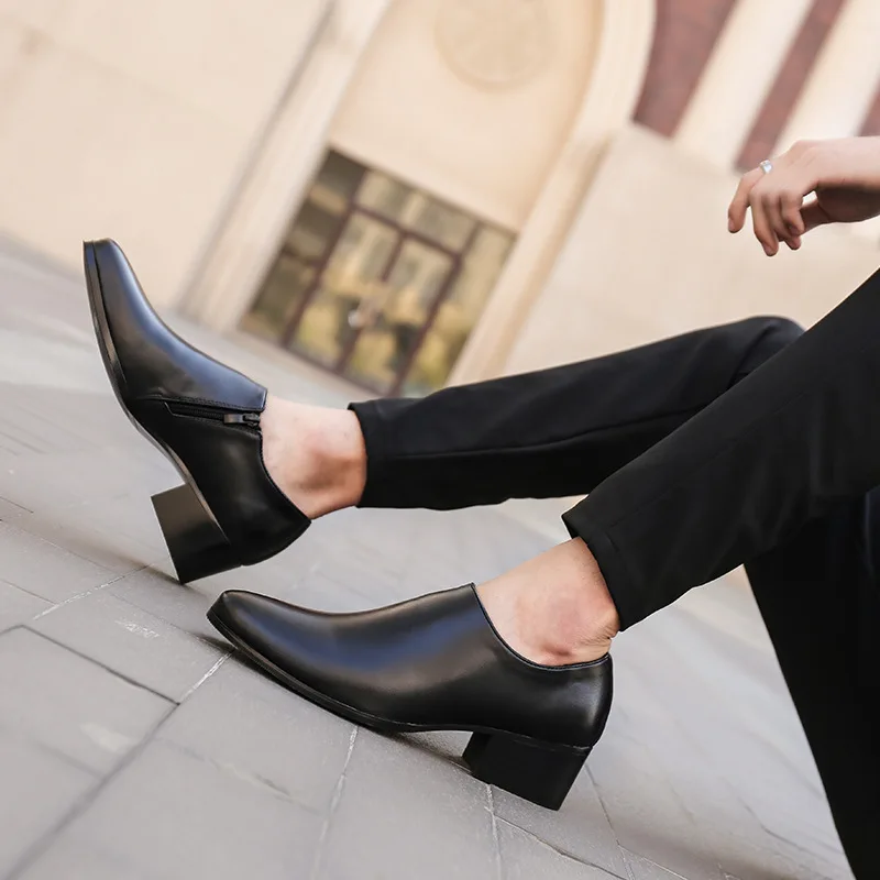 New 8CM Platform Leather Shoes Men Two-layer Cowhide Dress Shoes