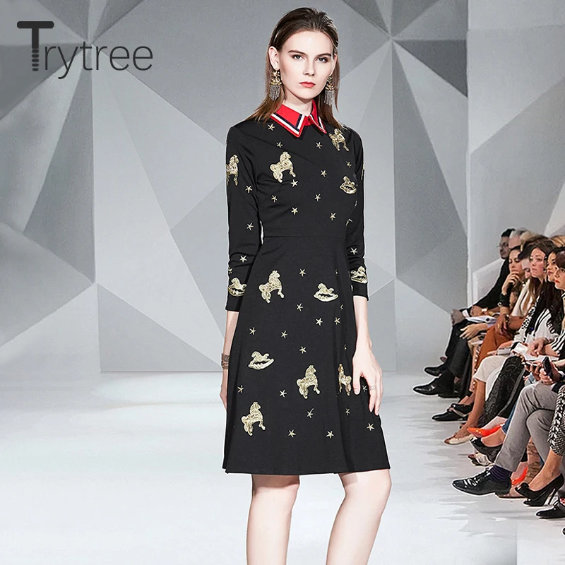 Trytree осеннее зимнее повседневное женское платье с отложным воротником А-силуэта с высокой талией модное черное платье с вышивкой для офисных леди