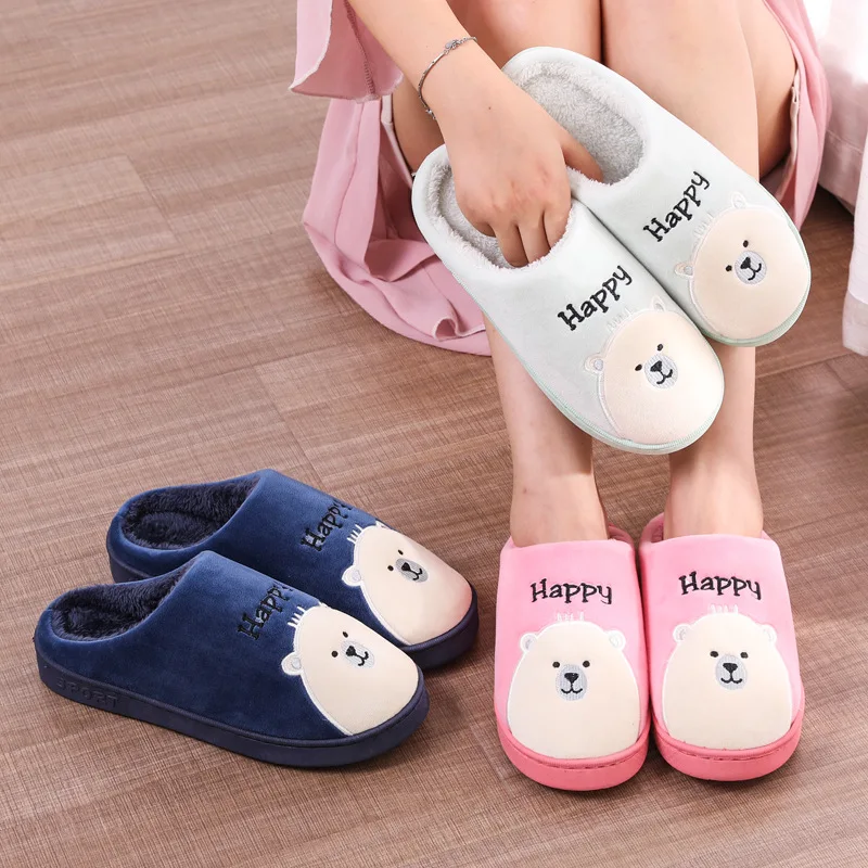 Женские тапочки с рисунком медведя Домашние меховые нескользящая зимняя теплая