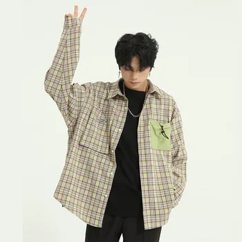 

2020 New Men Casual Long Sleeve Plaid Shirts Young Male High Street Hip Hop Loose Shirts Outerwear