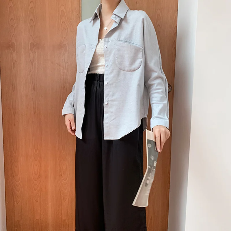  Low High Design Cute Blouse Women Spring Autumn Ladies Tops Kawaii Double Pockets Long Sleeve Blous