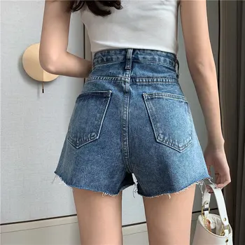 

2020 Summer New High-waisted Denim Shorts Female Korean Version Of The Double Buckle Loose Fur Edge Wide Leg A-Line Hot shorts