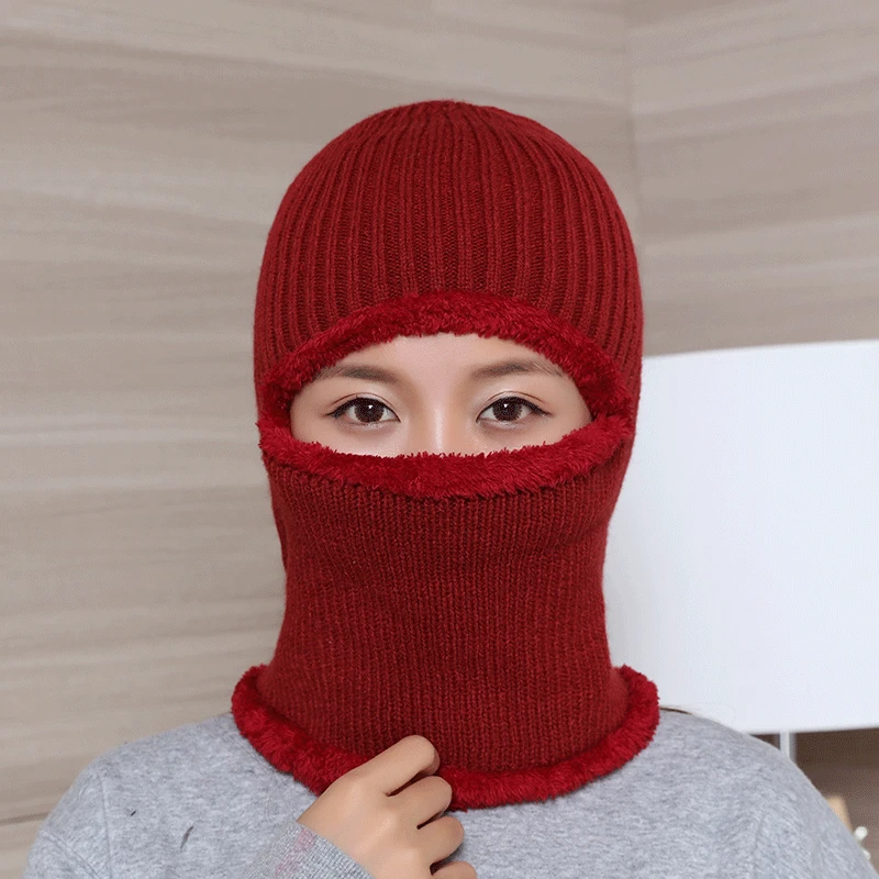 Autumn and Winter Knitted Wool Beanie Solid Masked Couple Hat Plus Velvet Thickening Unisex Earmuffs Scarf Hats Warm Winter Cap