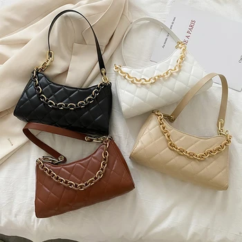 

Youth Ladies Simple Versatile Bag Women Lattice Pattern Shoulder Underarm Bag PU Portable Chain Handbags Totes