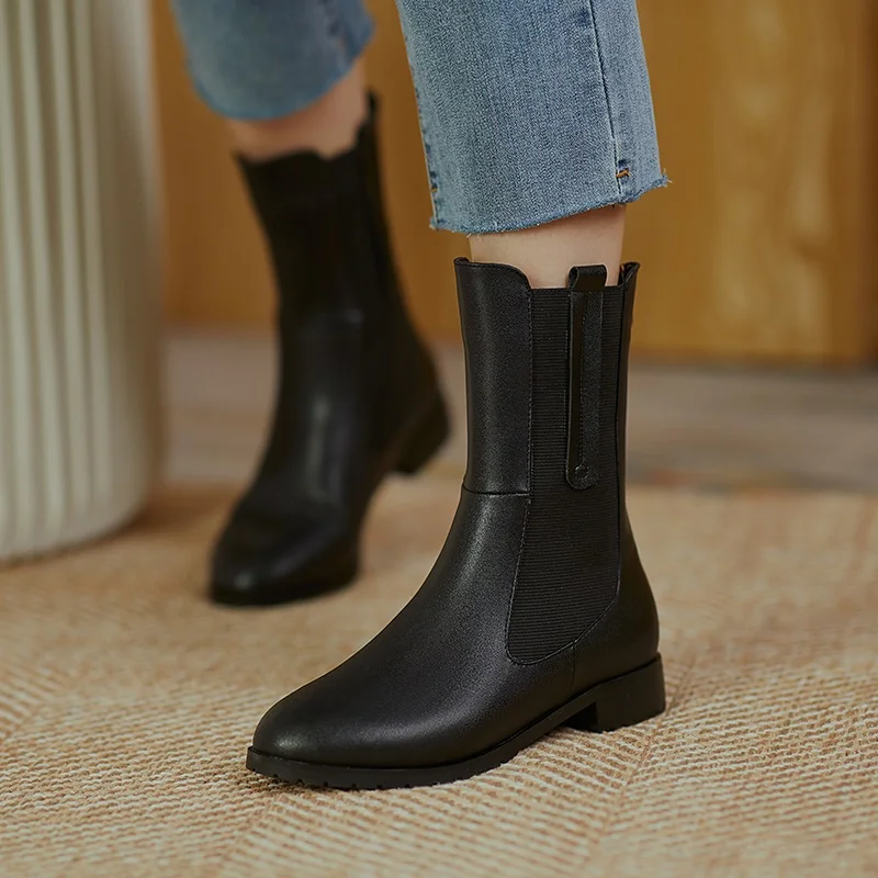 Punk style flats platform women ankle boots fashion soft leather ladies slip on chunky shoes beige black women's motorcycle soot