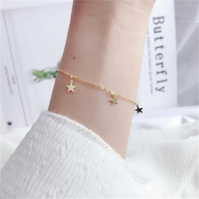 POFUNUO 925 Sterling Silver Women Simple Star Bracelets Girls Birthday Gift Fashionable Five-pointed Star Bracelets Chic Jewelry