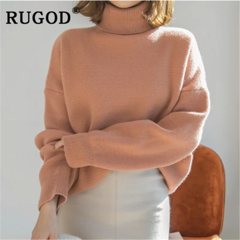Оранжевый RUGOD/Новинка года; зимний Однотонный свитер для женщин; свободный свитер-водолазка; пуловер; Модный женский элегантный повседневный вязаный свитер modis - Цвет: Оранжевый