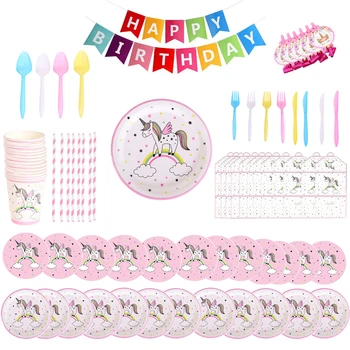 

New Rainbow Unicorn Disposable Tableware Plate Napkin Straw Paper Cup For Decoration Wedding Baby Shower Birthday Party Supplies