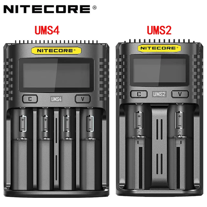 NITECORE UMS4 UMS2 VC4 LCD Smart Battery Charger for Li-ion/IMR/INR/ICR/LiFePO4 18650 14500 26650 AA 3.7 1.2V 1.5V Batteries D4 lithium battery charger 12v