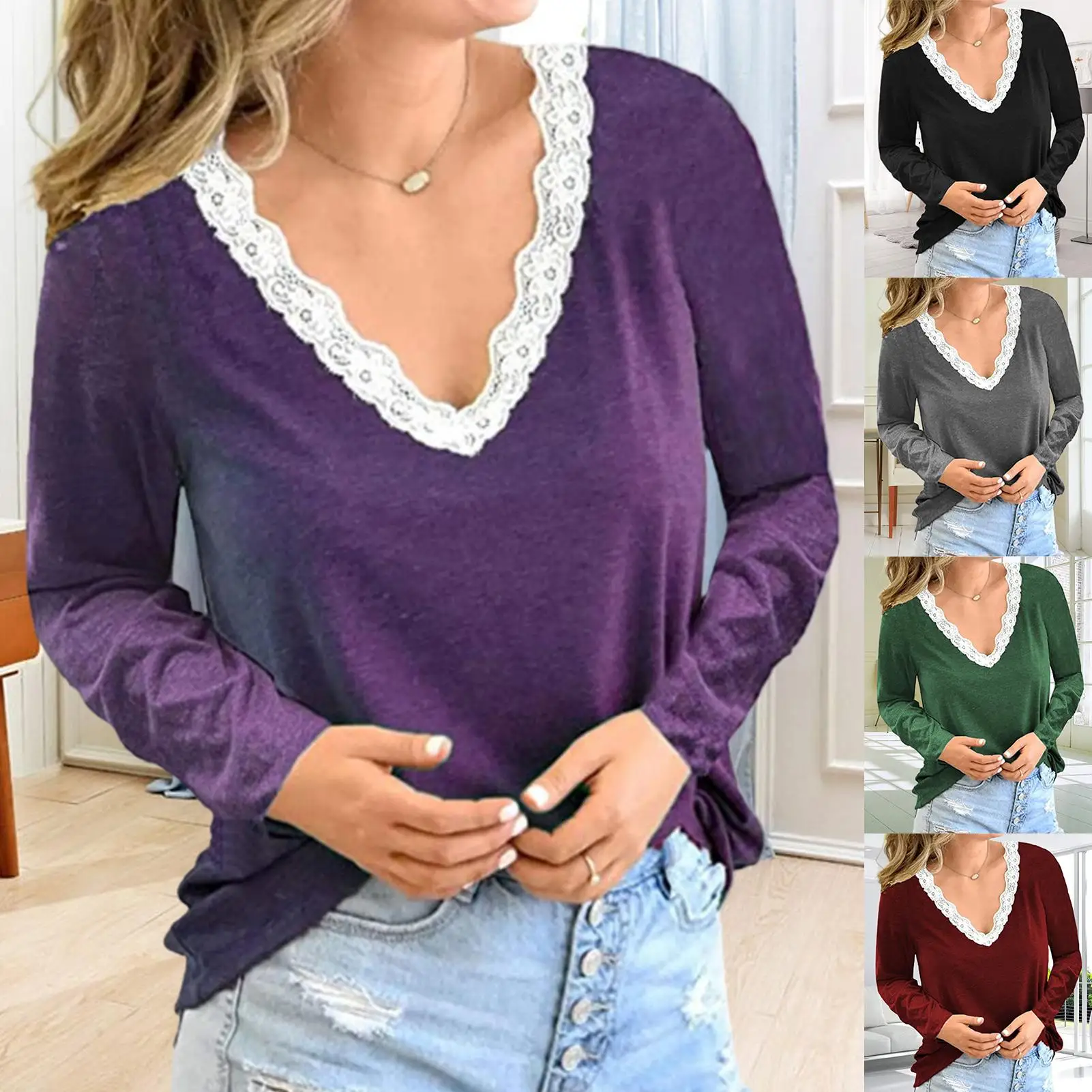 Blusa de manga larga con encaje para otoño, camisa con ajuste del cordón del cuello en V para mujer, 2021
