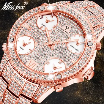 

MISSFOX Rose Gold Men's Luxury Watch Luminous Waterproof 51MM Oversized Multiple Time Zone Hip Hop Icd Male Diamond Wrist Watch