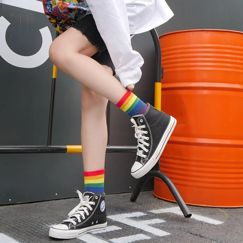 Harajuku модные спортивные носки, набор женских носков, радужные полосатые носки, осенне-зимние хлопковые носки, белые черные уличные носки, 6 пар/упак