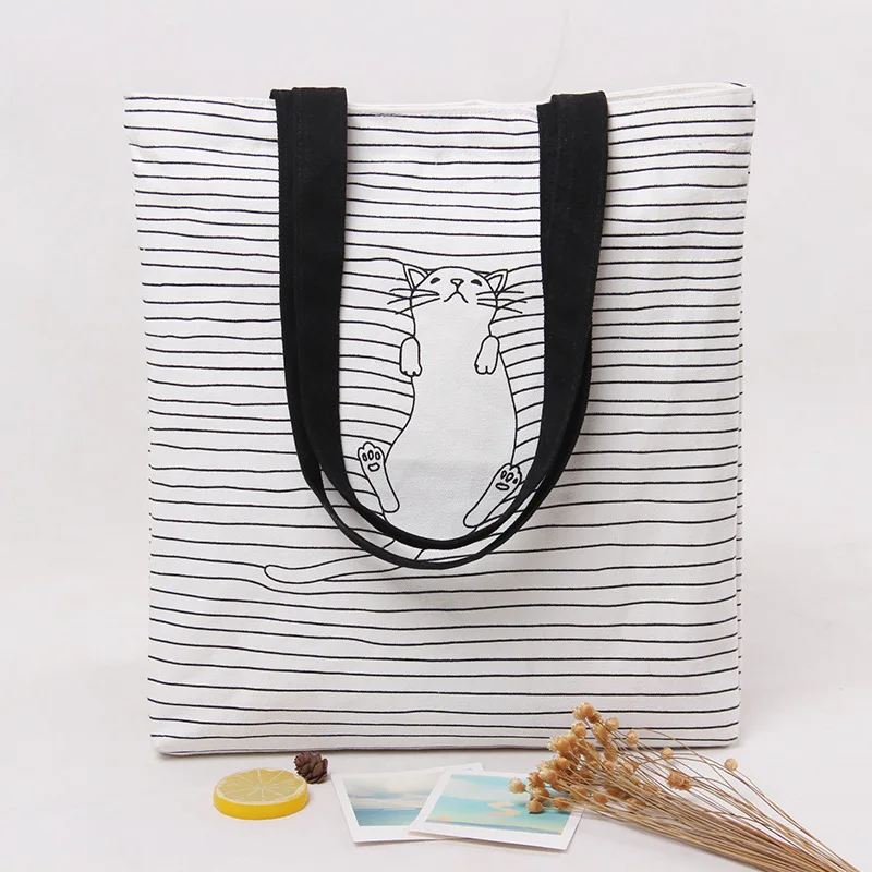 

Simple Women Canvas Handbags Cartoon Cats Girls Student Striped Shoulder Bags Fashion Ladies Cotton Shopping Beach Tote Bags
