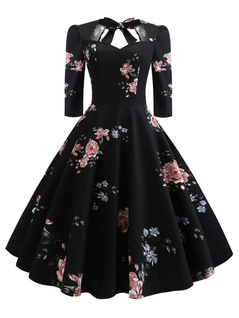 black print dress Платье с цветочным принтом, с завязками на спине, весна, женское элегантное платье для вечеринки, ТРАПЕЦИЕВИДНОЕ хлопковое винтажное Ретро Свободное платье, женская одежда - Цвет: black print dress