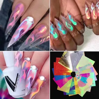 

16pcs/lot Flame Totem Nail Holographic Strip Tape Nail Art Stickers Thin Laser Silver Stripe Sticker DIY Foil Decal Sticker