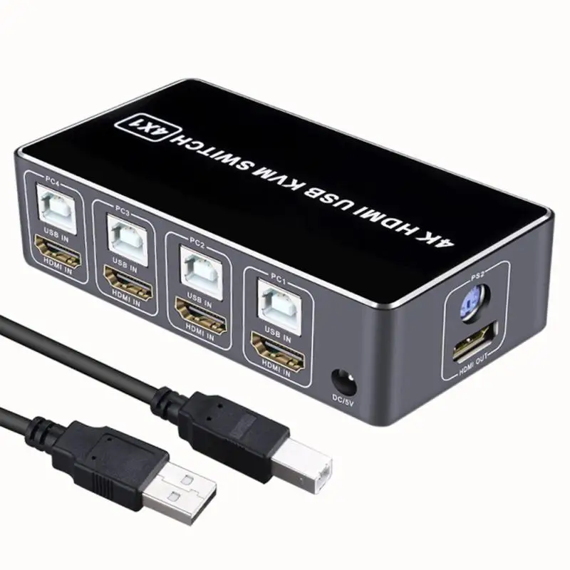 4 portu KVM slēdzis 4K USB KVM slēdzis 4 iekšā 1 izeja Karsts USB pelei, tastatūrai, Win7, Win10, MAC, PlayStation 2_voghion.com