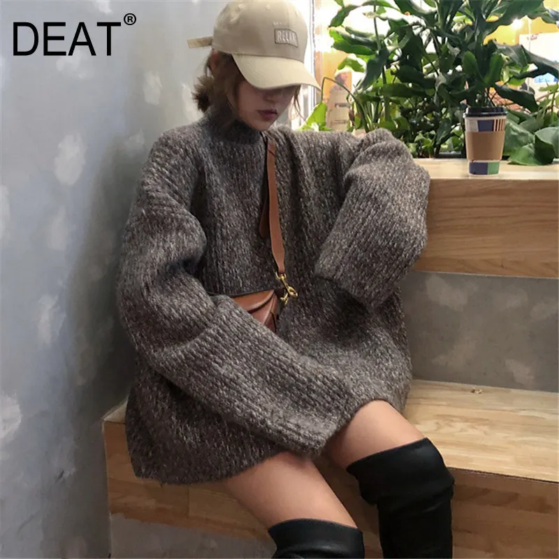 

DEAT 2019 New Turtleneck Flare Sleeves Gray Color Knits Pullover Loose Sweater Thickness Warm Big Sizes Girl's Clothes WJ09202
