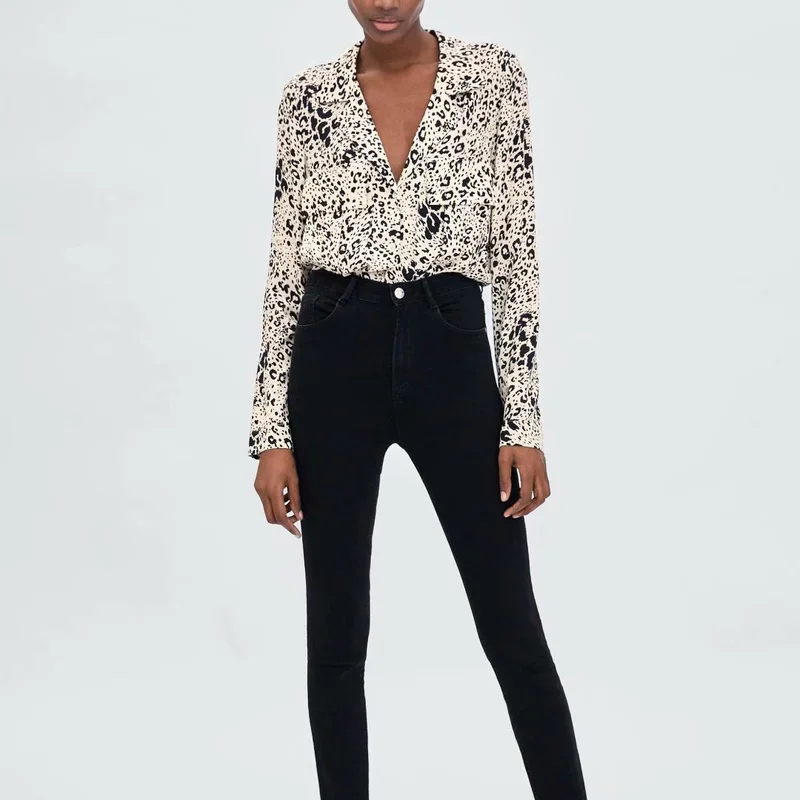 

ZA New 2019 Fashion Leopard Print V-neck Casual Women Long-sleeved Shirts