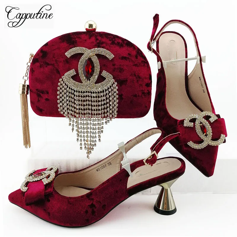 

Gorgeous wine with rhinestones high heel pointed toe pump shoes with clutch handbag set MM1087 heel height 7cm