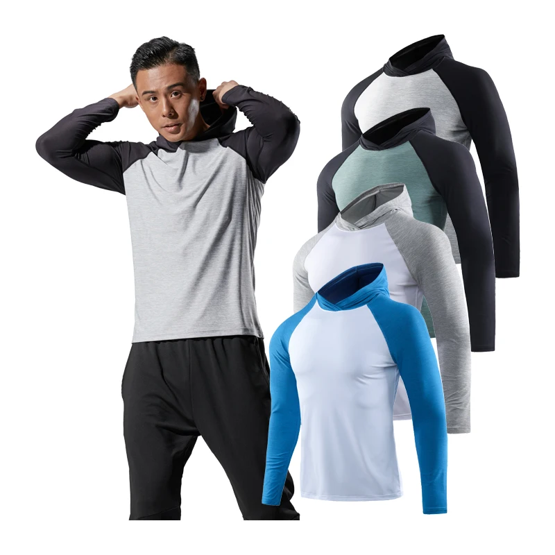

Men Running jacket Hoodie Quick Dry Yoga Sports Patchwork Long Sleeved Compression Tshirt Training Outdoor Autumn Man Gym Shirt