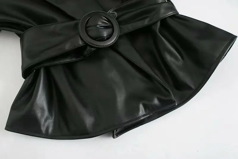 Зимняя Черная куртка из искусственной кожи с глубоким v-образным вырезом и поясом, короткая куртка, пальто для женщин, Байкерская уличная одежда