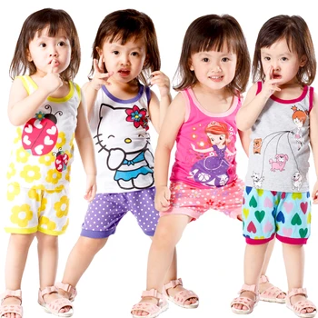 

New Summer Kids Pajamas Cotton Sleeveless Girls Sleepwear Cartoon Printed Children Pyjamas Set Cute Baby Tracksuit 2-7yrs