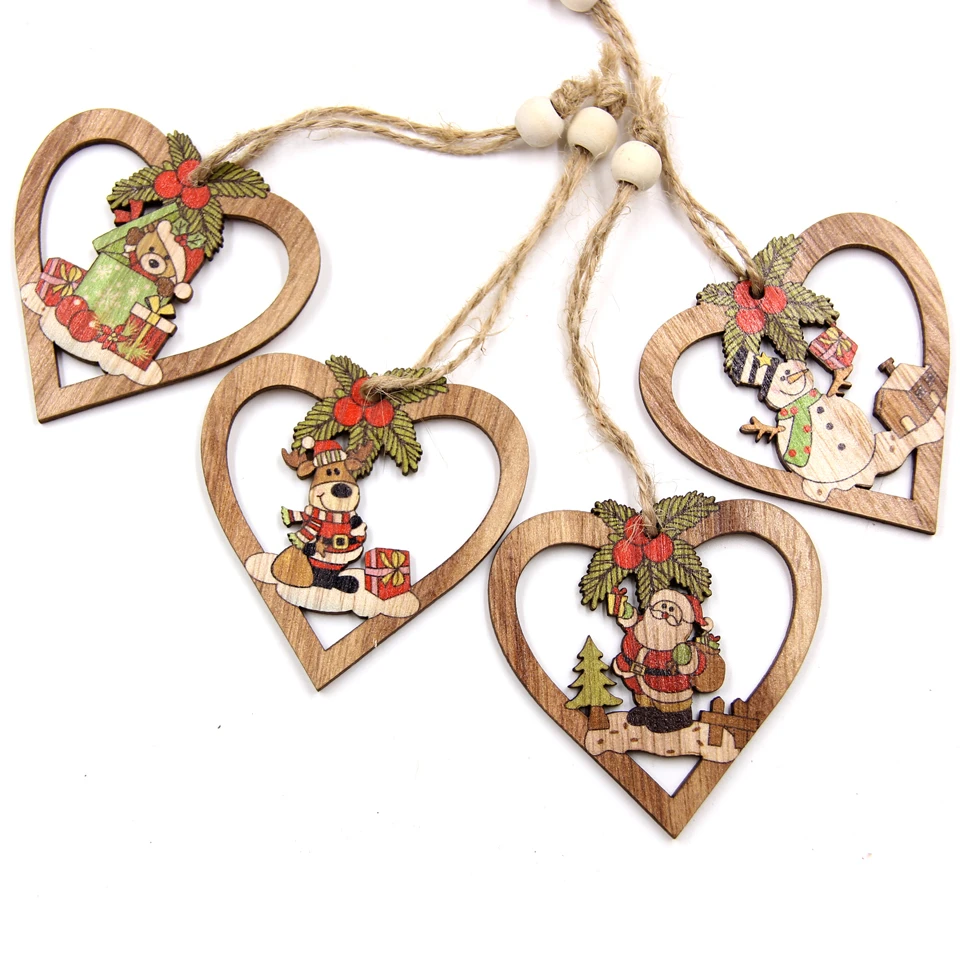 

4PCS Printed Christmas Heart Wooden Pendants Ornaments DIY Wood Crafts Tree Ornaments Kids Gifts for Christmas Party Decorations