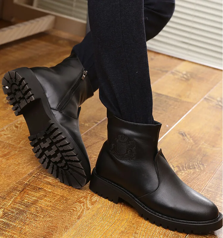 

2018 Korean-style Cowhide Men's Boot Warm Trend plus Velvet Martin Boots Side Zipper Thick Bottomed Tube Boots