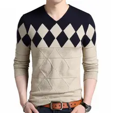 Кашемировый шерстяной свитер для мужчин,, Осень-зима, приталенный пуловер для мужчин, с узором в виде Аргайла, v-образный вырез, мужские Рождественские свитера
