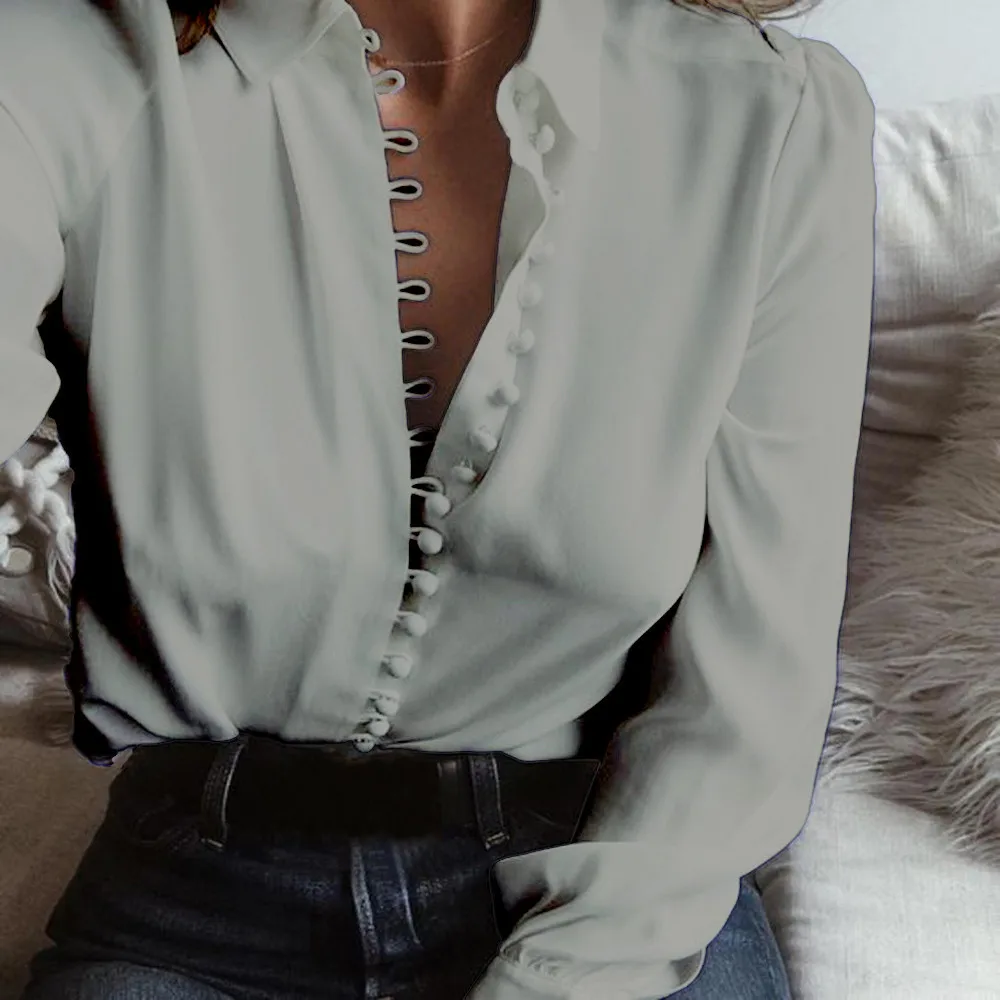Женская модная повседневная однотонная блузка с длинным рукавом, рубашка с отворотом, блузка, рубашка, женская рубашка с отложным воротником, обычные блузы, летние рубашки f2