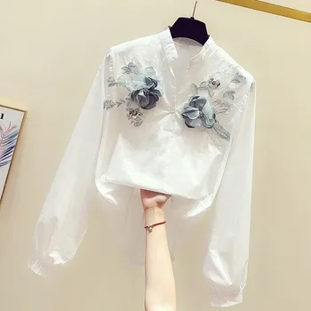 

new stylish chiffon women blouse and shirst flower emboridery diamond solid white office lady elegant shirts outwear pulls tops