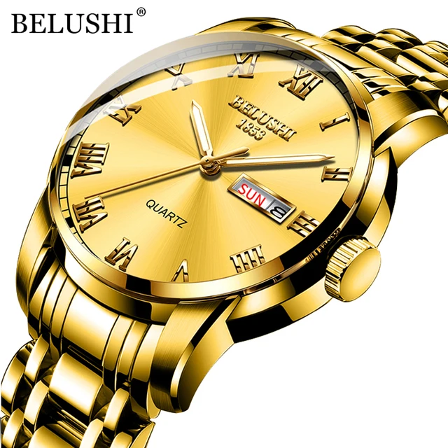 BELUSHI Top Brand Luxury Mens Watches Luminous Waterproof Stainless Steel Watch Quartz Men Date Calendar Business Wristwatch Golden