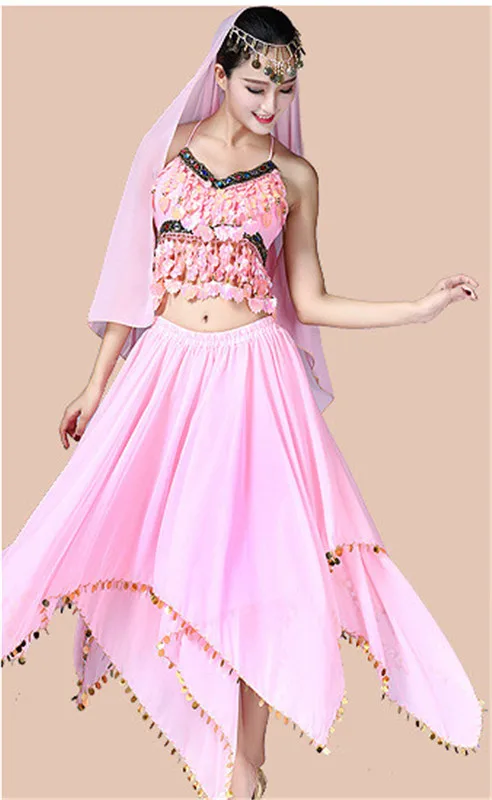 Индийский танец Костюмы Болливуд платье сари танцевальная одежда Для женщин/детский набор костюма для танца живота 3 шт./компл.(топ+ юбка+ вуаль - Цвет: Pink