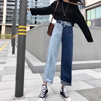 

2020 New Fashion Auttum Korean Female Pants Panelled Spliced Wide Leg Pants High Waist Ankle-Length Loose Jeans Patchwork