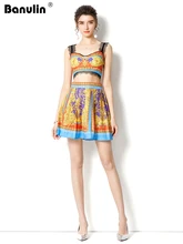 

Fashion New Women's Two Pieces Set Beach Holiday Summer Spaghetti Strap Crop Tops + A-Line Pleated Skirt Vintage Wear Sets