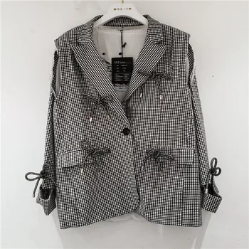 

SuperAen 2020 Autumn New Crystal Bow Hole Retro Off-Shoulder Sleeves Notched Small Plaid Full Single Breasted Suit Jacket
