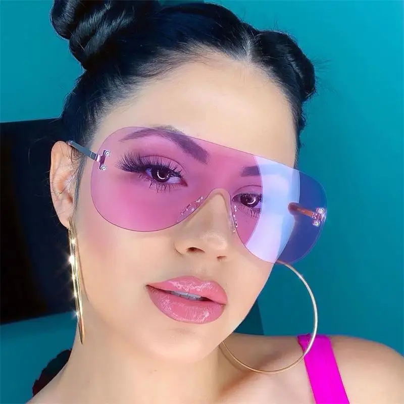 Одна линза фиолетовый без оправы Солнцезащитные очки оверсайз милые сексуальные солнцезащитные очки для женщин прозрачный оранжевый красный цвет ретро оттенки