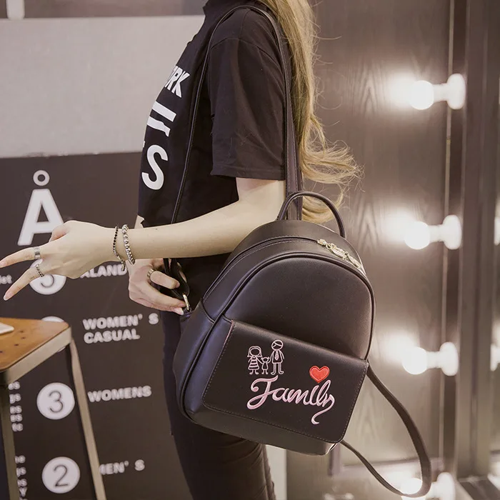 Female small backpack bag black color letter printed leather school bags for girls PU leather women plecaki damskie 2020