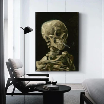 

RELIABLI ART Skull Smoking Pictures Van Gogh Oil Painting On Canvas Wall Art For Living Room Modern Home Decoration Unframed