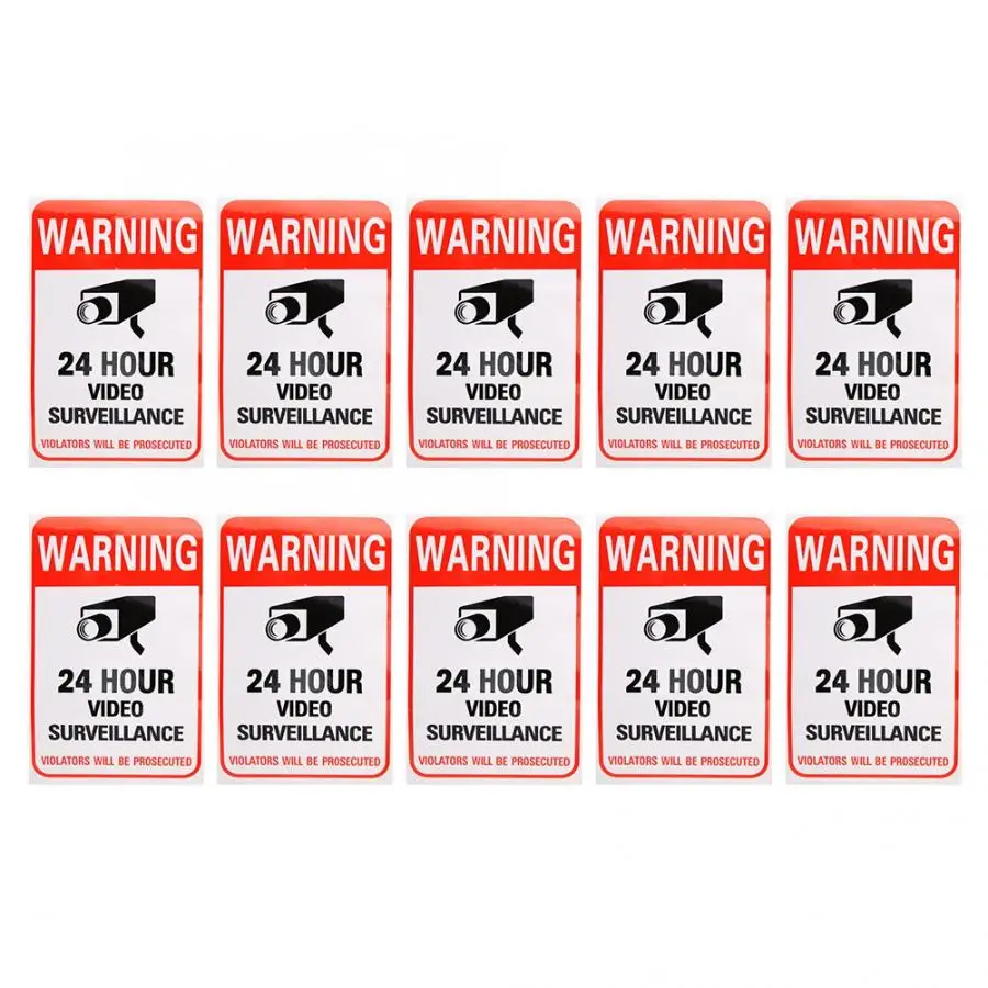 Warning Sign 24 Hour Video Surveillance Stickers 10pcs 24 Hour Video Surveillance Security Warning Stickers Adhesive Decal Sign