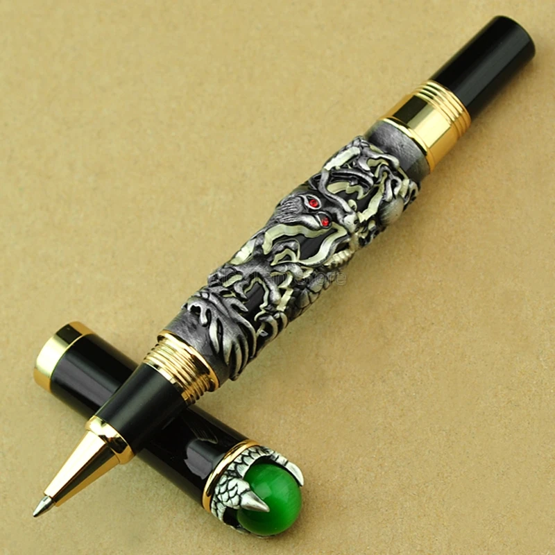 Jinhao Unique Style Dragon King Rollerball Pen , Metal Embossing Green Jewelry on Top, Gray Drawing Professional Pens