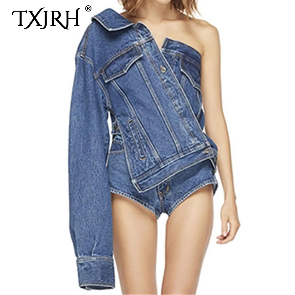 

TXJRH Stylish Denim Jacket Coat Single-Breasted Buttons Asymmetry Irregular One Sleeve Skew Collar Off Shoulder Outerwear Tops