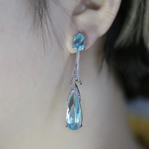 Delicate Drop Earring With Sky Blue Cubic Zircon For Women Long Stylish Fashion Women Jewelry Earrings Factory Selling