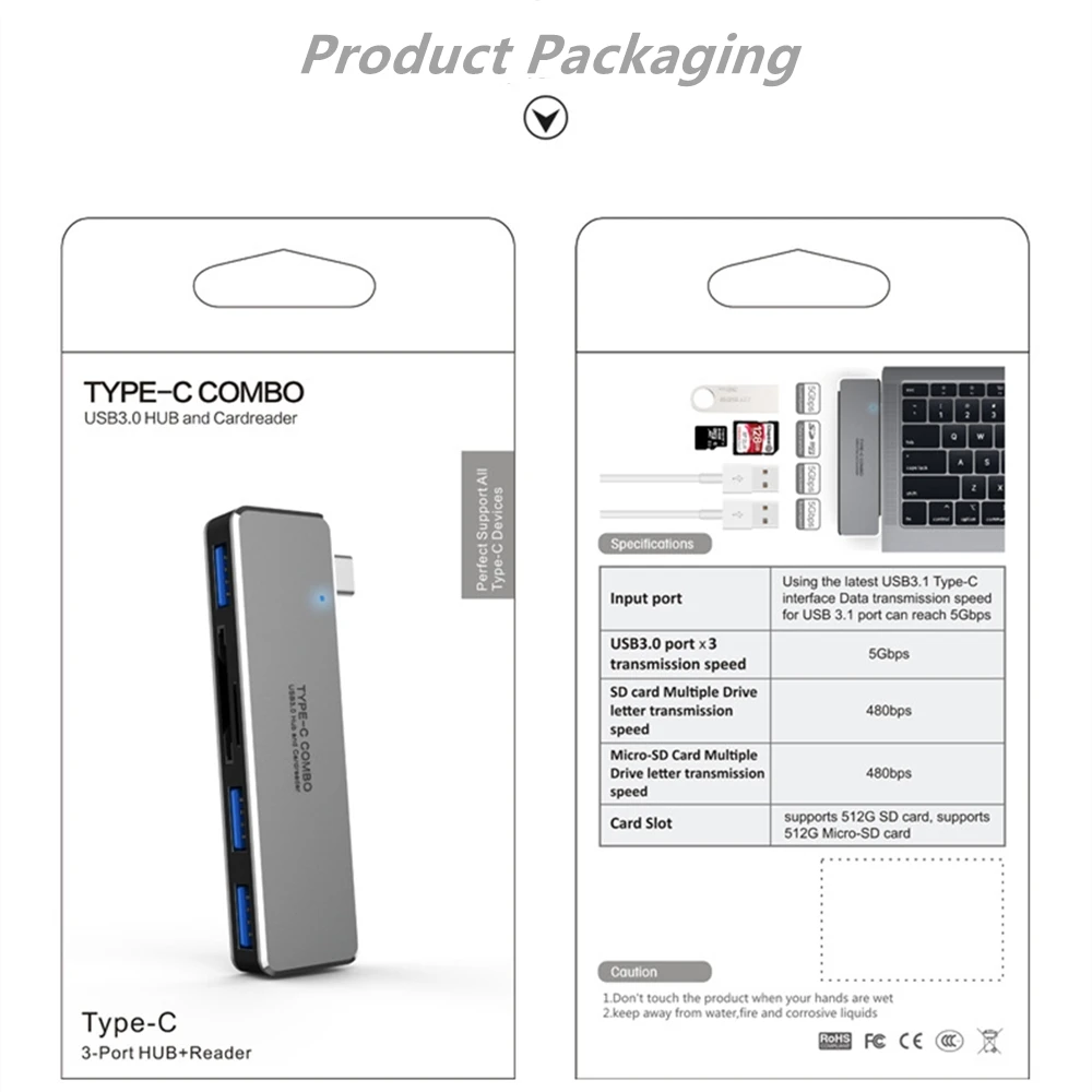 tebe USB 3.1 Type-C Hub USB 3.0 TF/SD Card Read 5-in-1 Multi-Function Converter For MacBook And Thunderbolt 3 Series Notebooks 6