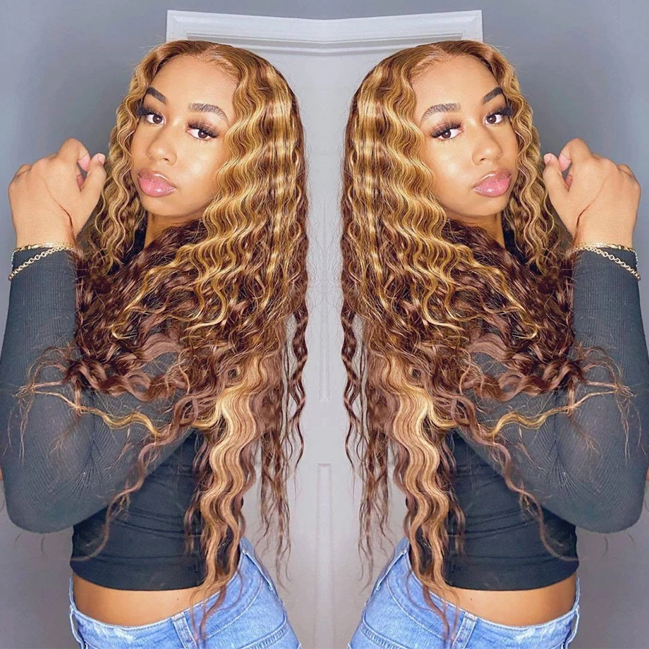 Perruque Lace Front Wig brésilienne naturelle, cheveux bouclés, balayage blond miel, Transparent Hd, Deep Wave, pour femmes