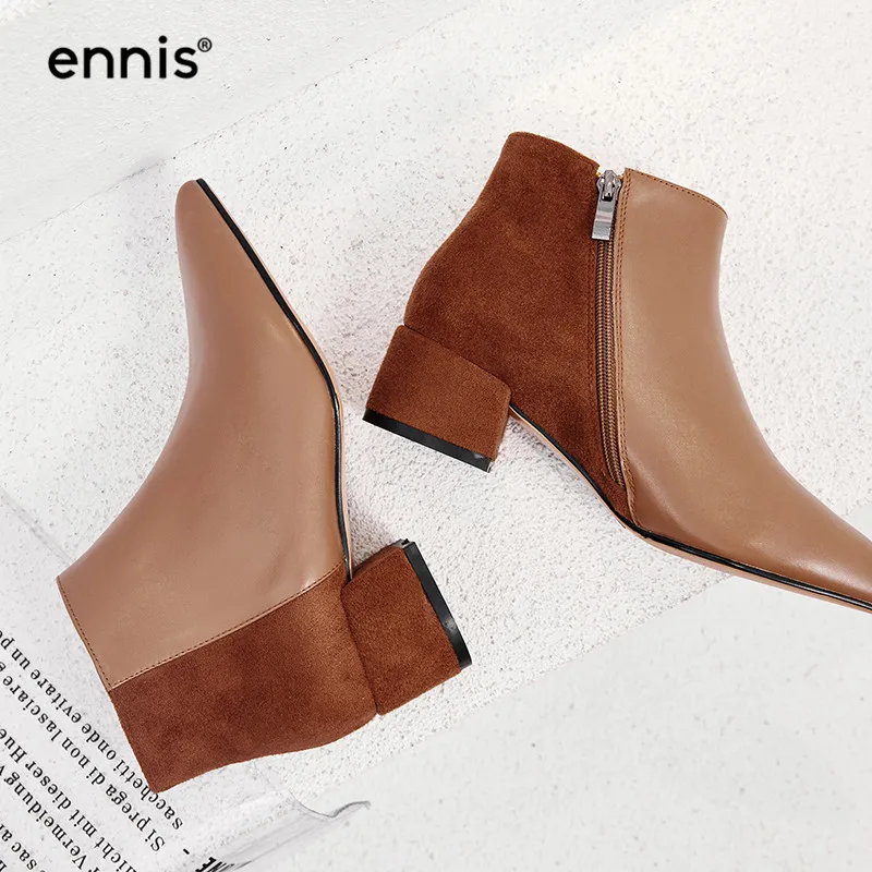 

ENNIS 2019 Autumn Winter Women Ankle Boots Square Heel Genuine Leather Boots Pointed Toe Zipper Shoes Suede Ladies Boots A9147