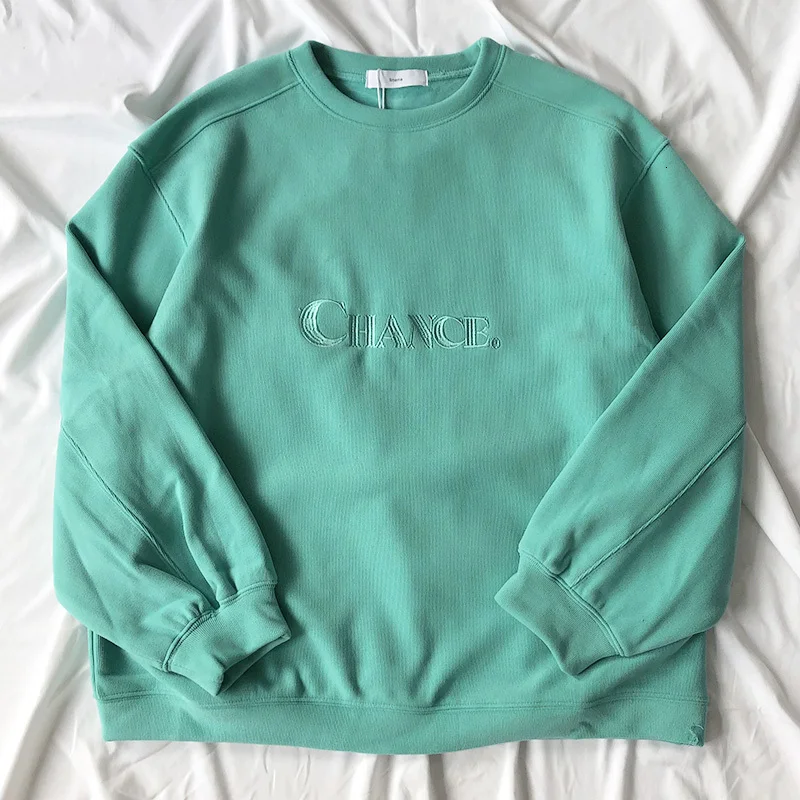 Mooirue Autumn Women Loose Sweatshirt Solid Color Velvet Thickening Letter Embroidery Candy Pullovers - Цвет: LakeGreen