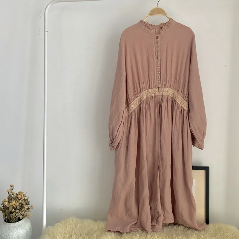 Johnature 2020 New Vintage Linen Embroidery Long
