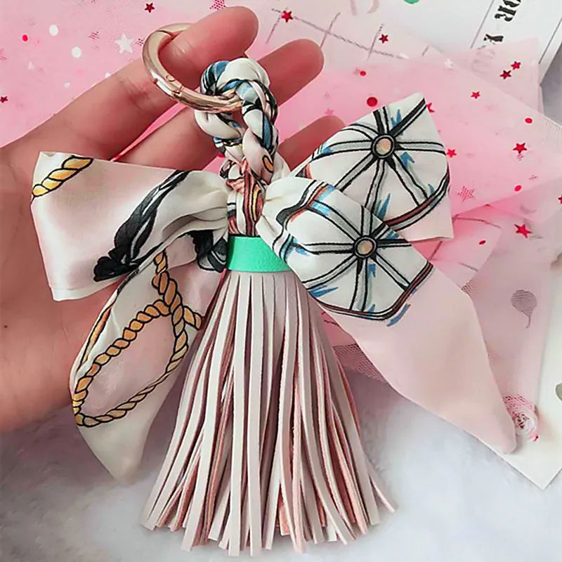 cheap High Quality Fashion Scarves Key holder Ribbon Bowknot Exquisite PU Leather Tassels Keychains Women Bag Charm Pendant