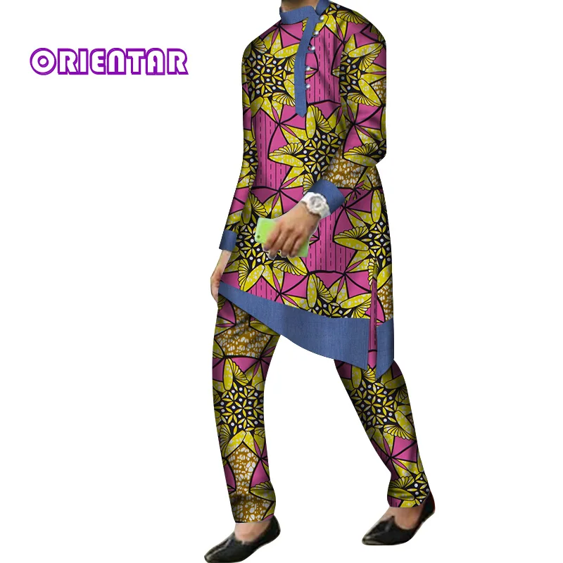 2 Pieces Set Men African Clothes Long Sleeve Shirt and Pants Traditional African Bazin Riche Print Dashiki Suit Trousers WYN844